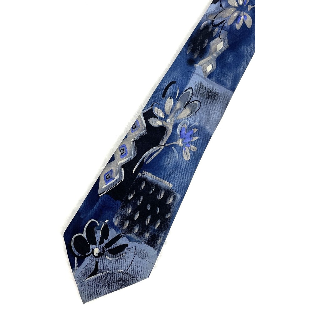 VTG Cocktail Colors Novelty Watercolor Abstract Blue Floral Printed Tie Silk